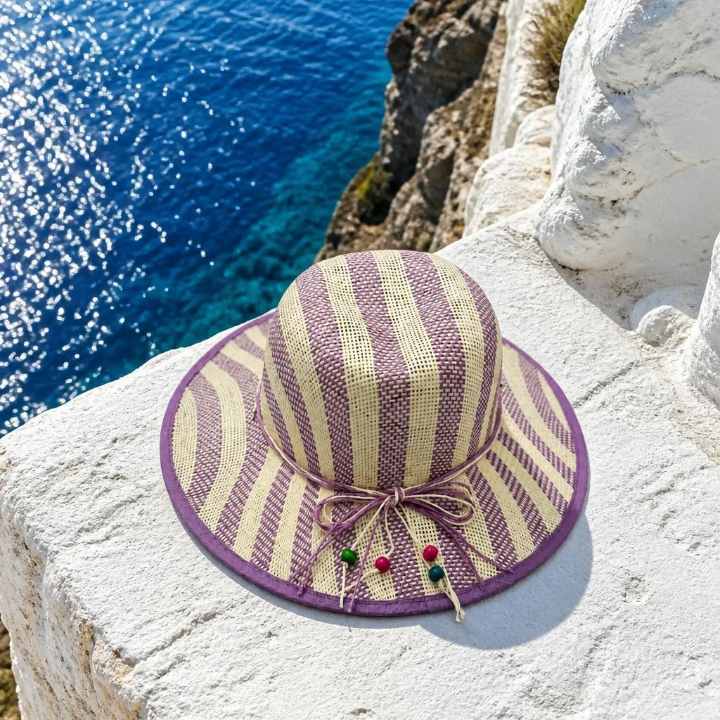 Cappello da Spiaggia in Paglia a Tesa Larga in Varie Fantasie e Colori