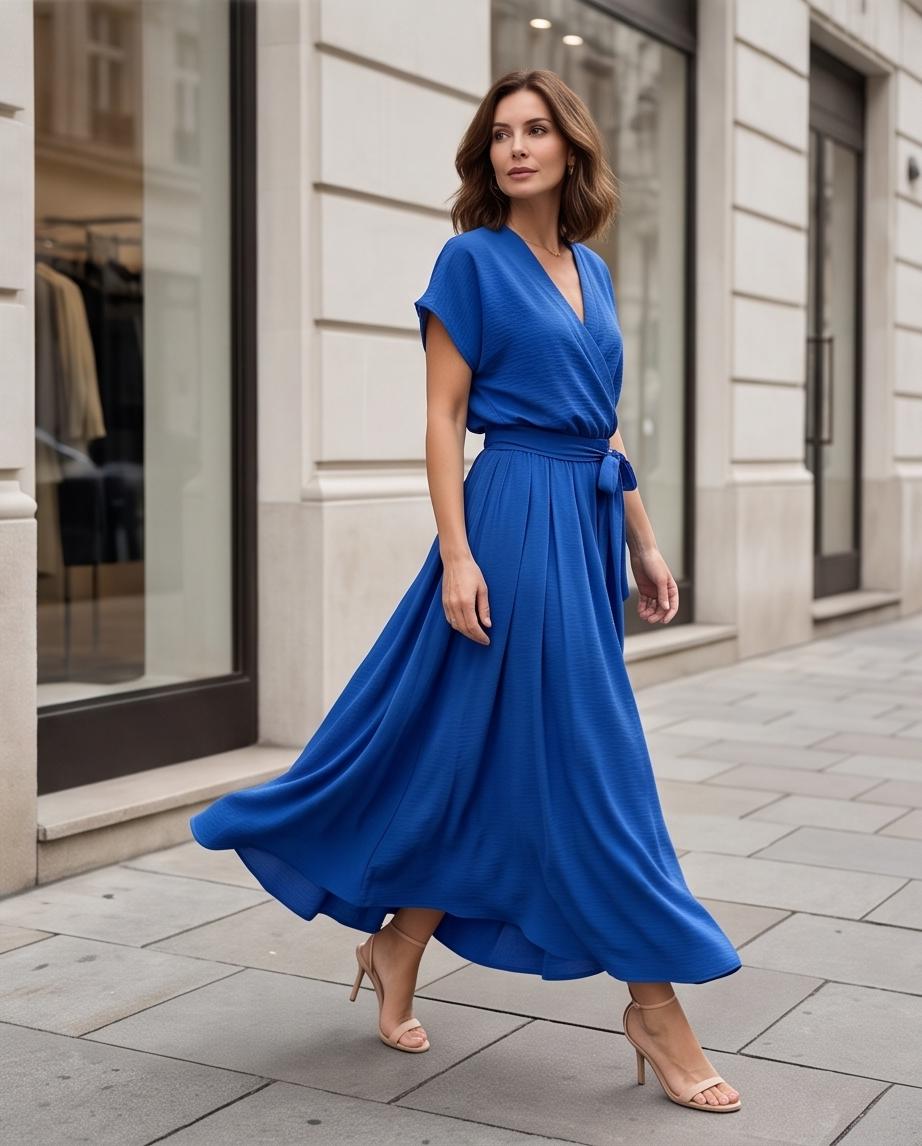 Set Coordinato Donna Blu Elettrico – Top a Portafoglio e Gonna Lunga Svasata