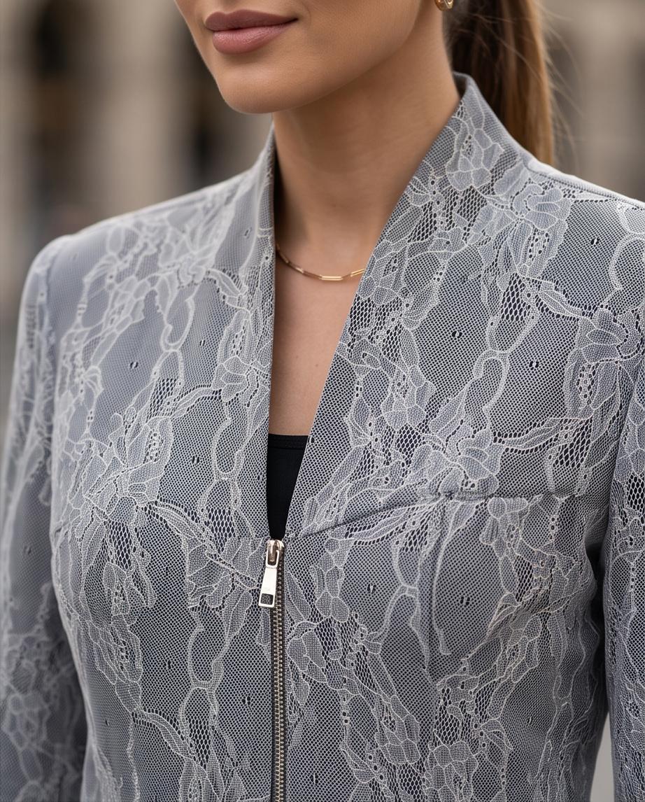 Blazer Donna Grigio Collo alla Coreana con Zip e Texture Floreale