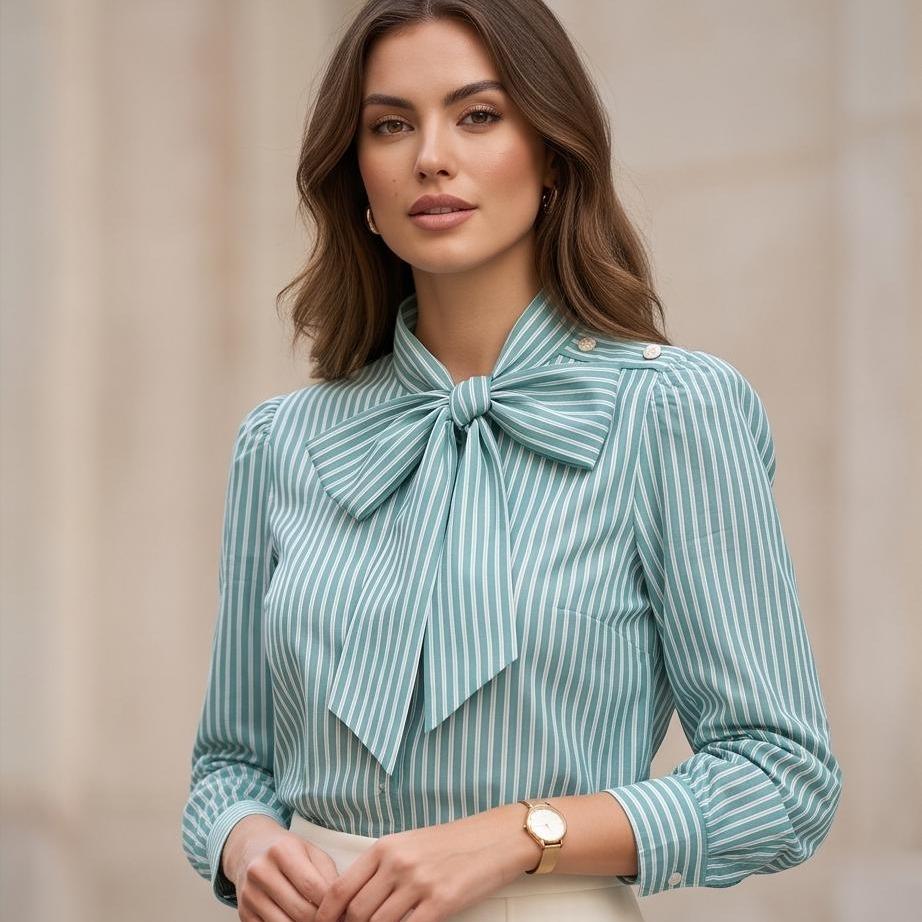 Camicia Donna a Righe con Fiocco al Collo