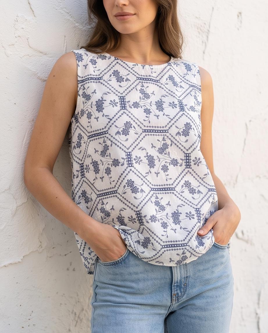 Top Smanicato Donna Fantasia Maiolica Blu