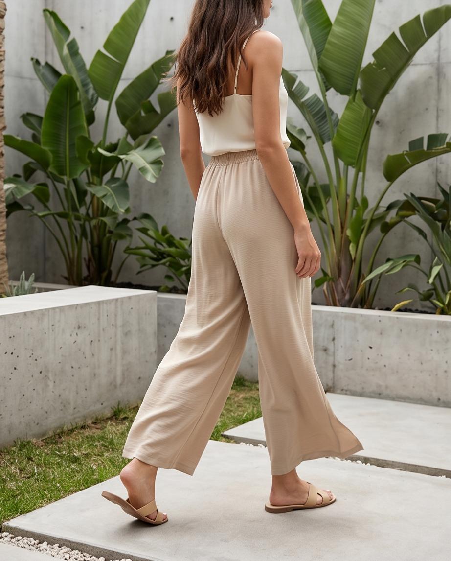 Pantaloni Donna a Gamba Larga Vita Elastica