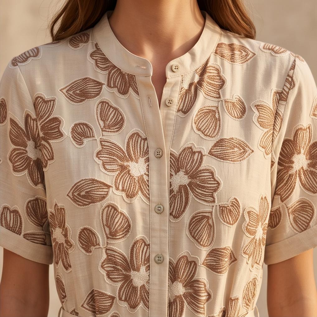 Abito Lungo Boho Chic Fantasia Floreale Beige con Spacco e Cintura