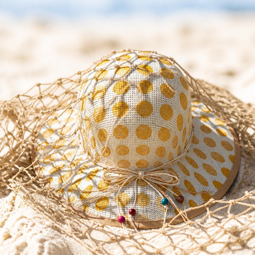 Cappello da Spiaggia in Paglia a Tesa Larga in Varie Fantasie e Colori