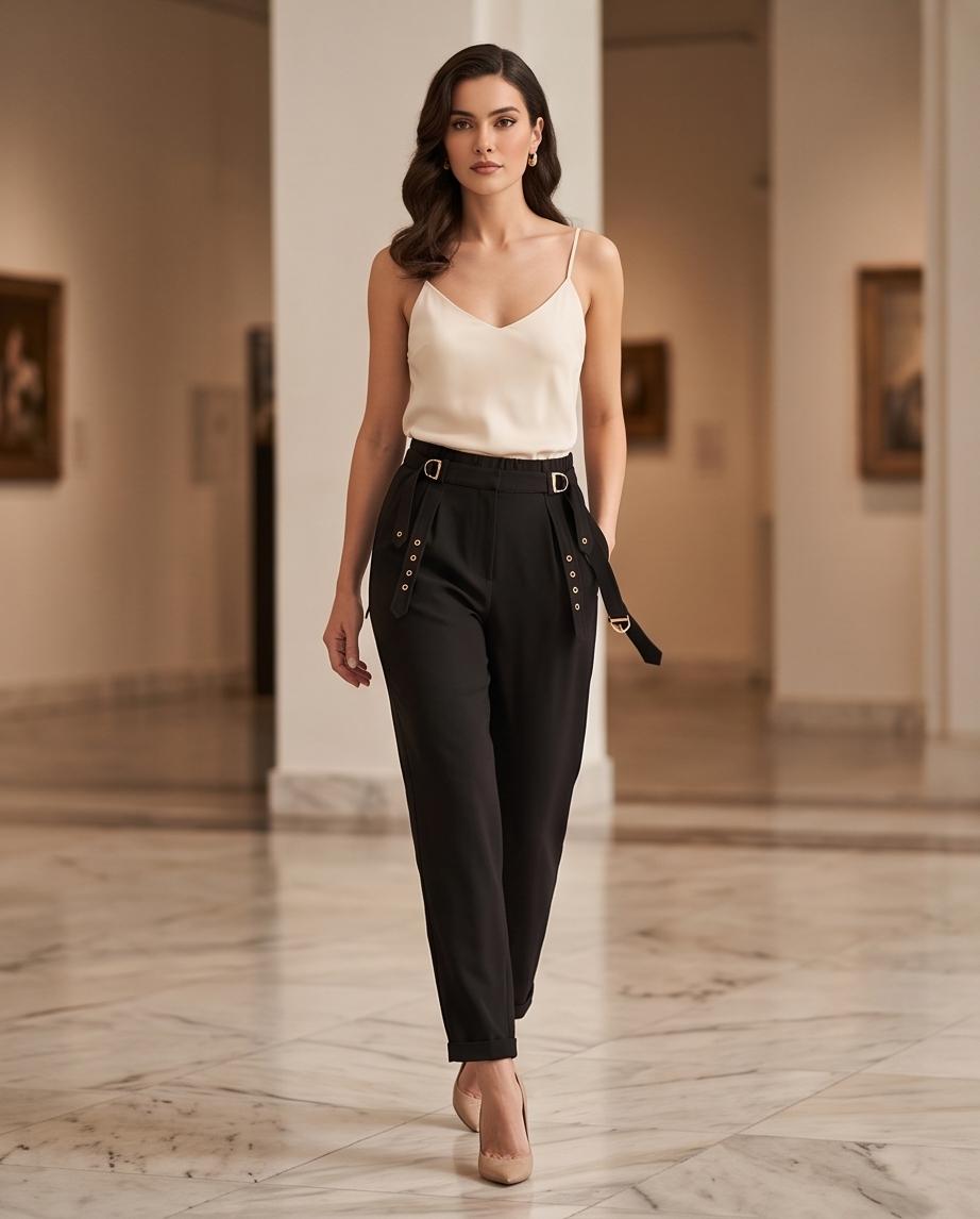 Pantalone Donna Vita Alta con Cinturini e Dettagli Metallici