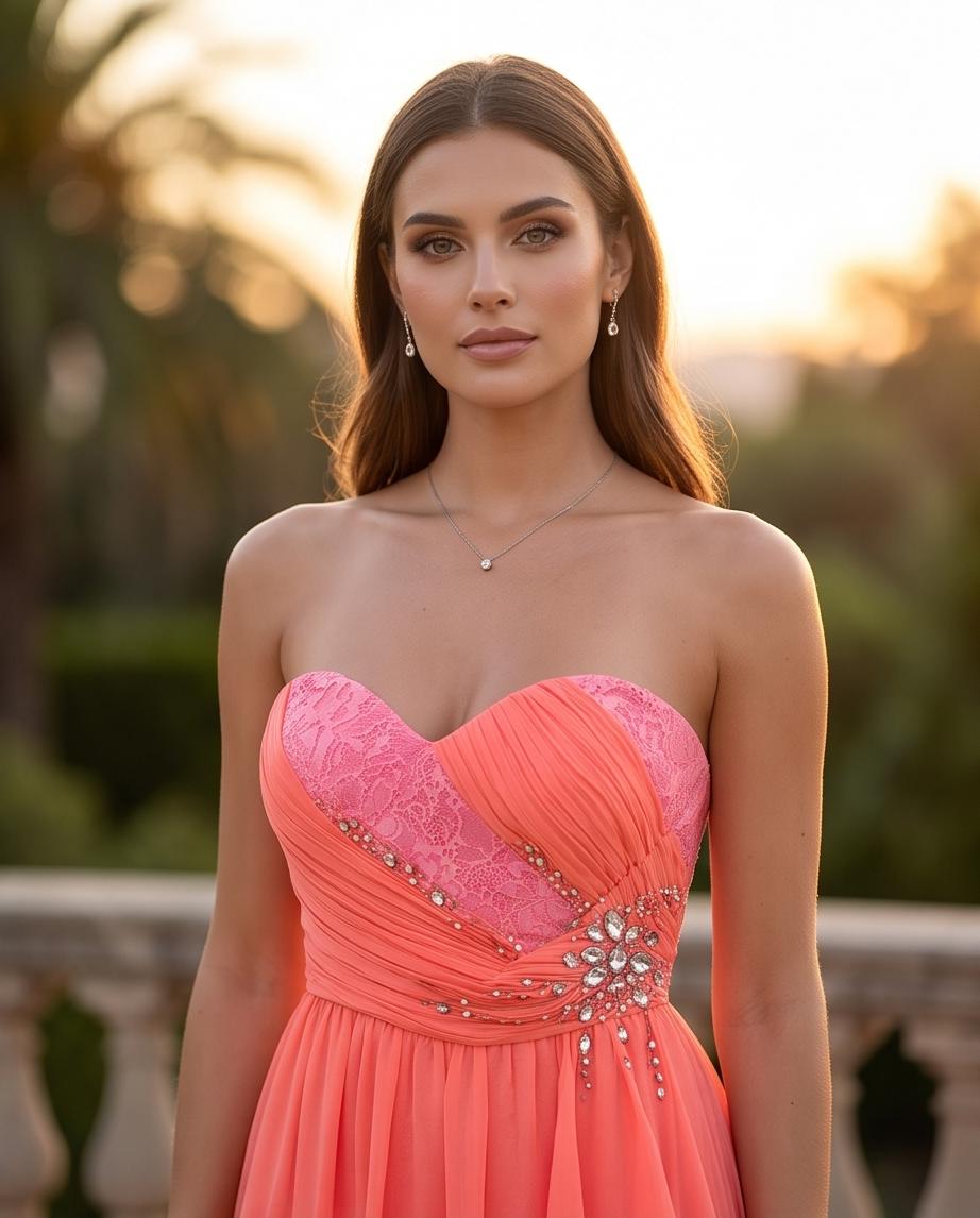 Abito da Sera Corallo Scollo a Cuore con Bustier Plissé Asimmetrico