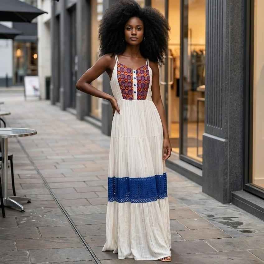 Abito Lungo Plissettato Avorio con Bustier Floreale in Rosso o Blu Navy