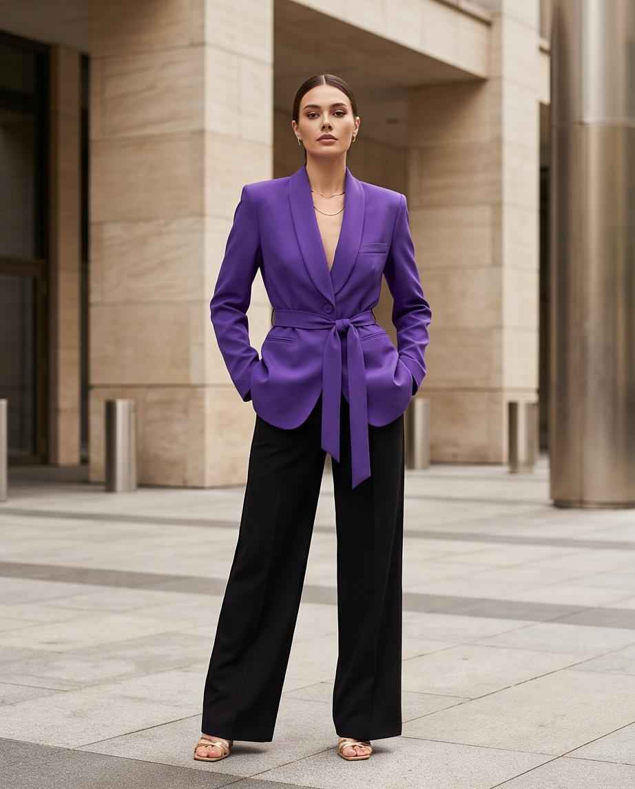 Blazer Donna Sartoriale con Cintura in Viola e Marrone