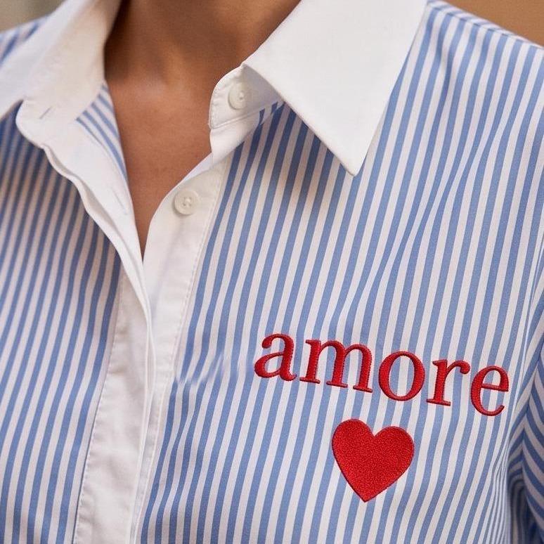 Camicia Rigata Donna Colletto Bianco con Ricamo Amore