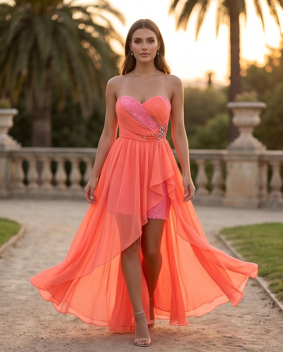 Abito da Sera Corallo Scollo a Cuore con Bustier Plissé Asimmetrico