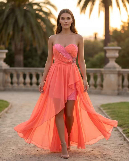 Abito da Sera Corallo Scollo a Cuore con Bustier Plissé Asimmetrico