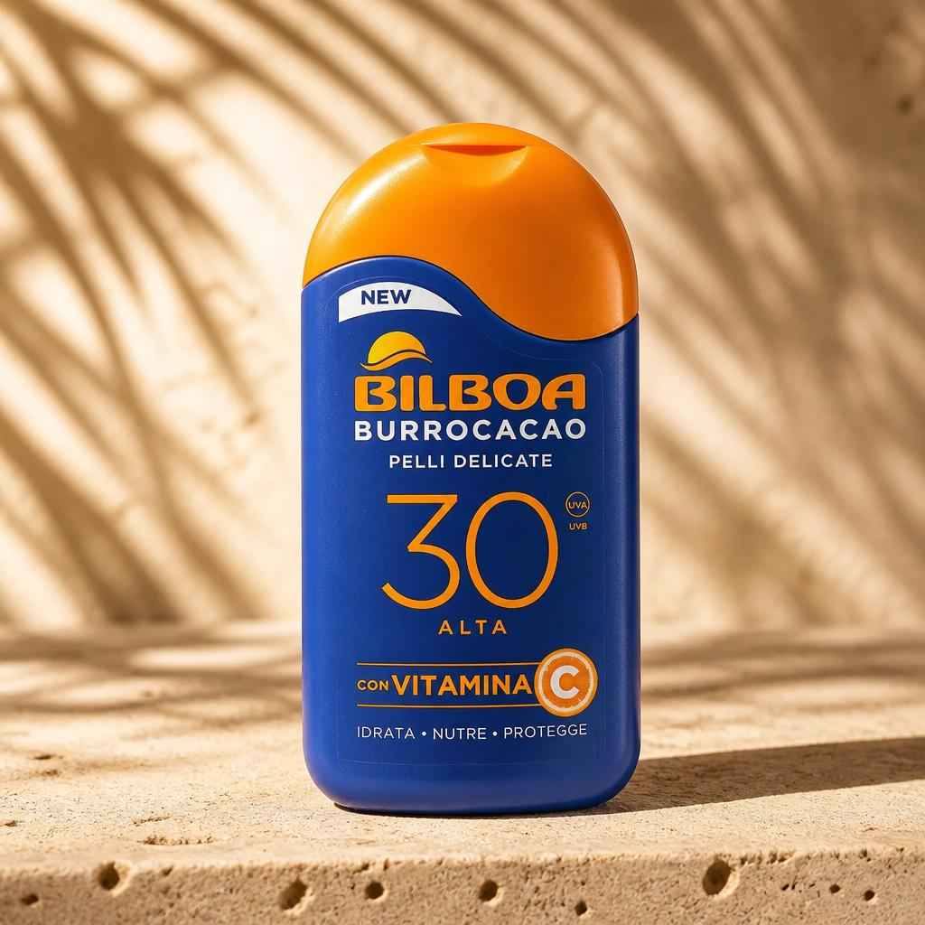 JESKAA Burro-cacao Latte Solare Spf30, 200ml, con vitamina C, per pelli delicate, idrata, nutre e protegge