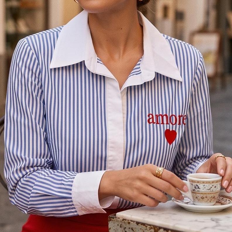 Camicia Rigata Donna Colletto Bianco con Ricamo Amore