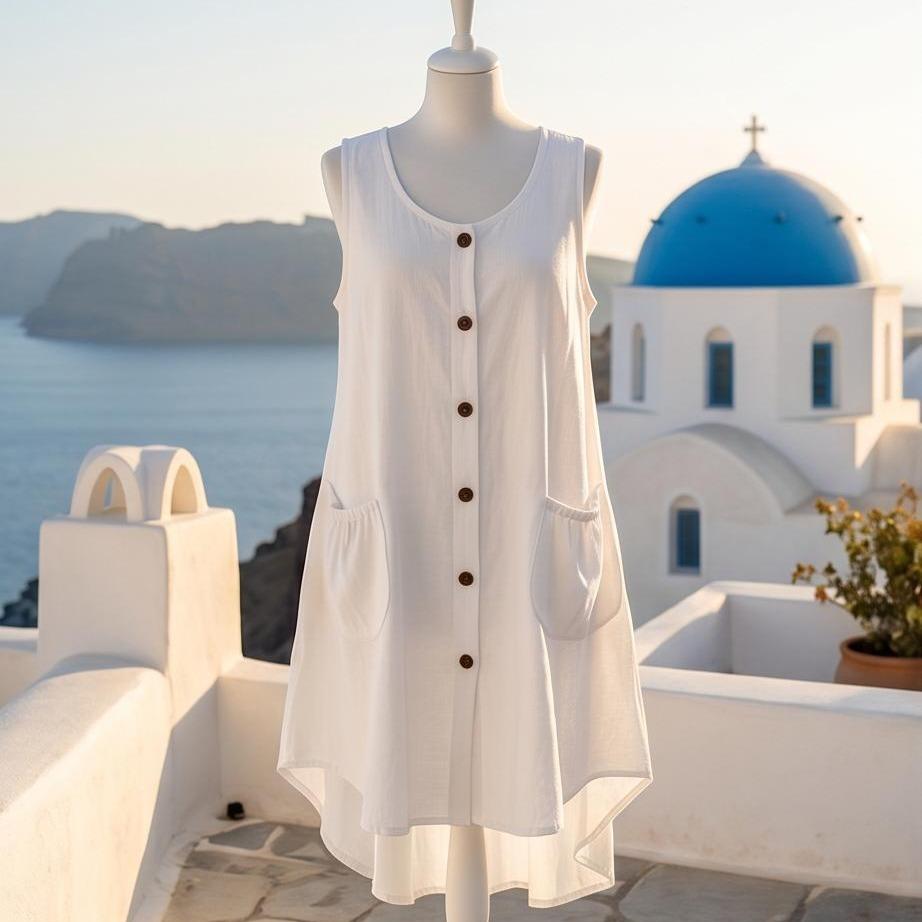 Vestito Midi Senza Maniche con Tasche Abbottonato Giallo o Bianco