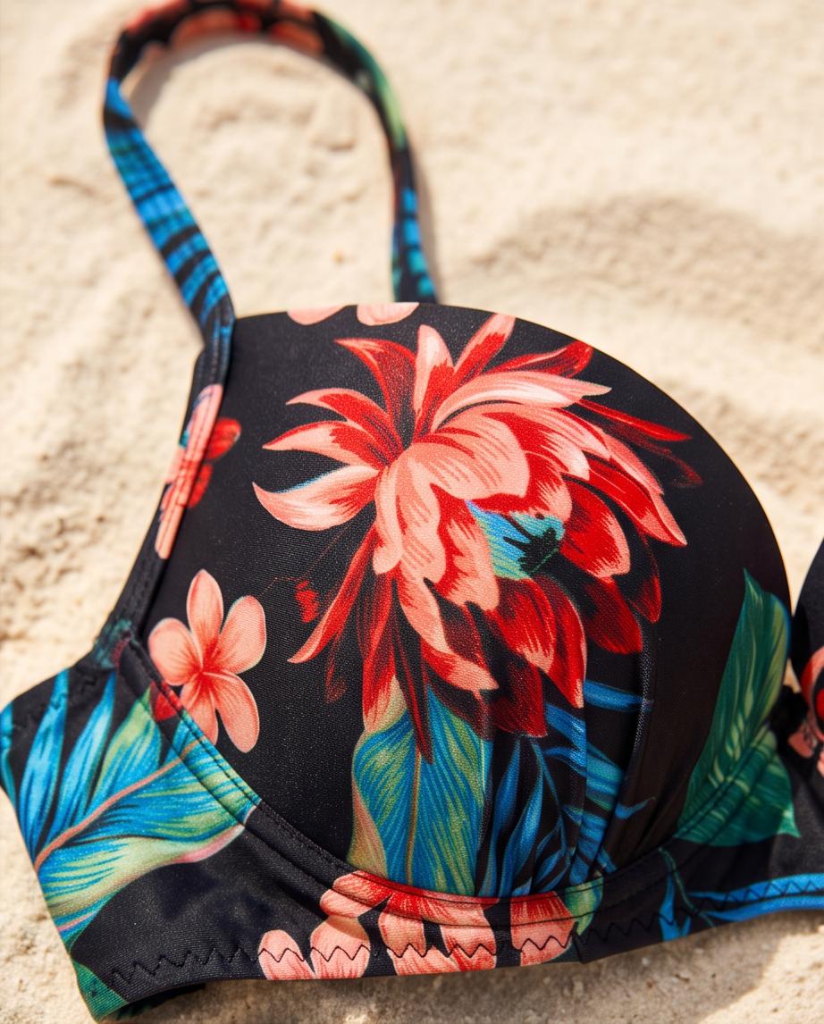 Bikini Floreale Donna con Slip Nero a Vita Bassa