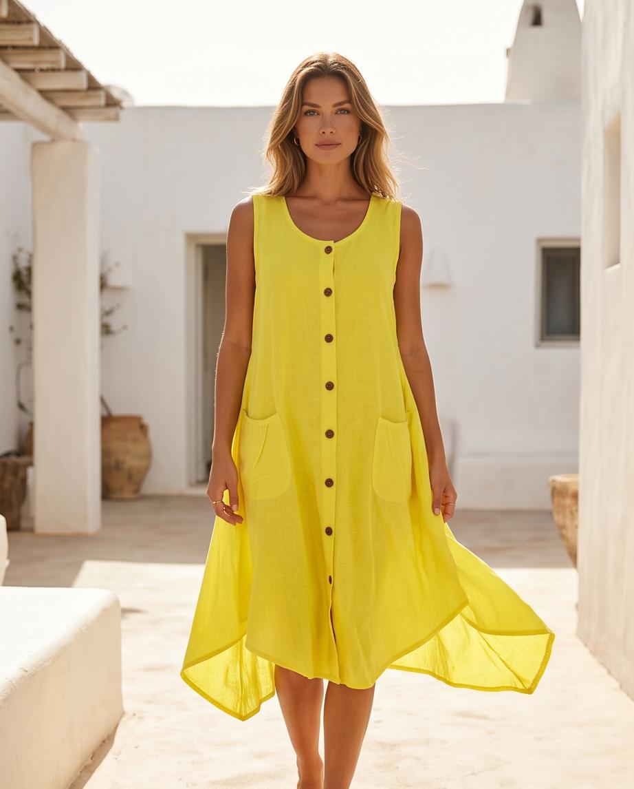 Vestito Midi Senza Maniche con Tasche Abbottonato, Più Colori