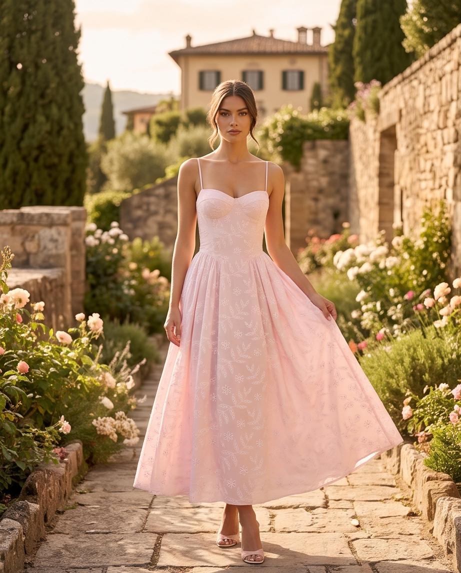 Abito Bustier Rosa Midi Ricamato: Vestito da Cerimonia con Ricamo Floreale