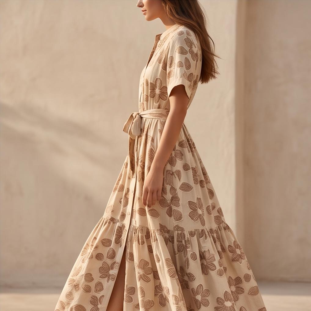 Abito Lungo Boho Chic Fantasia Floreale Beige con Spacco e Cintura