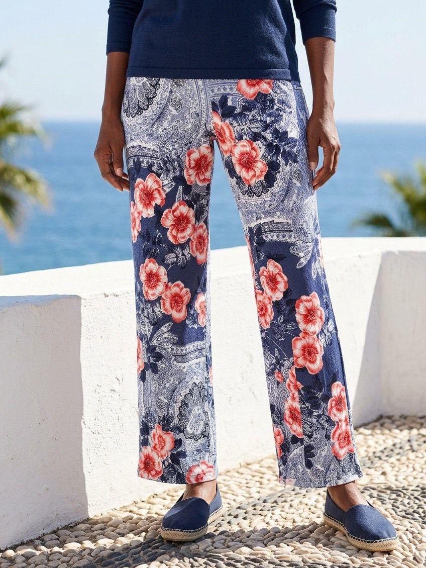 Pantaloni a Gamba Larga Fantasia Paisley Patchwork Rosso e Blu Navy