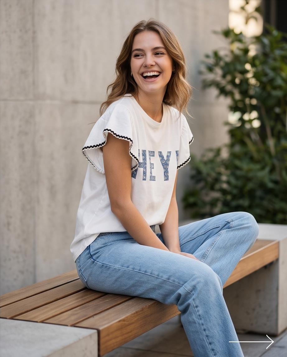 T-shirt con Scritta Donna Maniche a Balze e Pompon