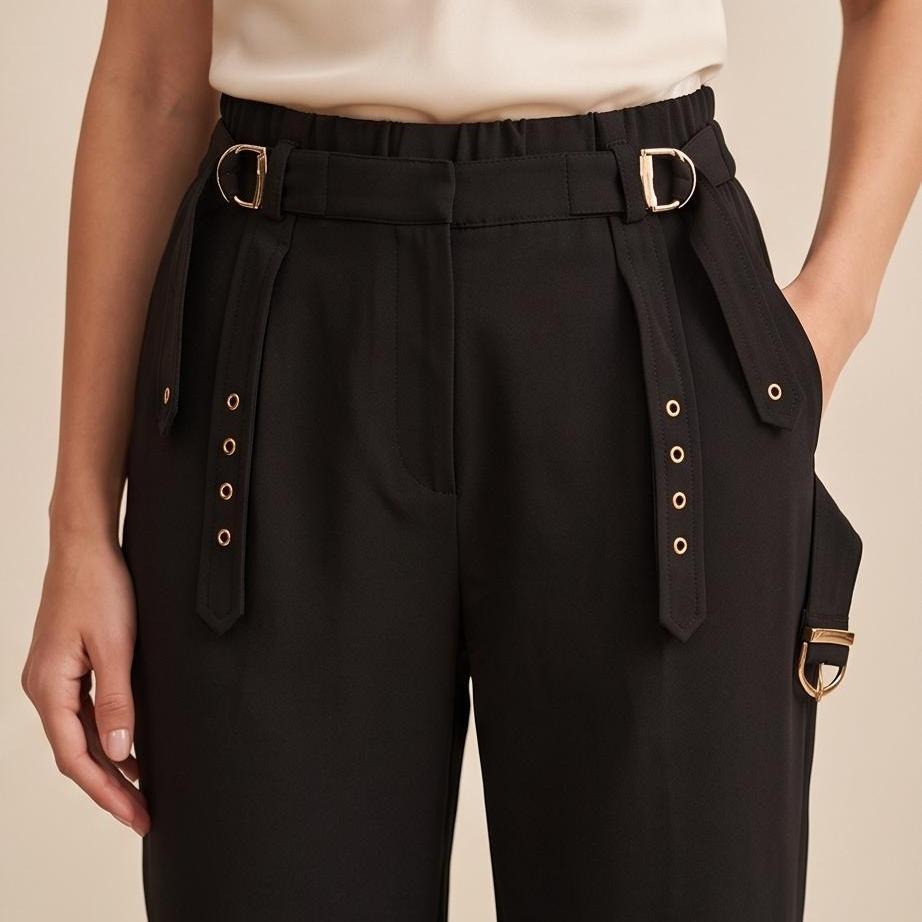 Pantalone Donna Vita Alta con Cinturini e Dettagli Metallici