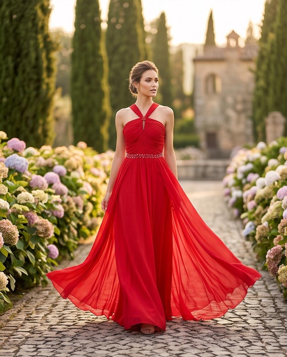 Abito da Sera Rosso Collo Halter con Cintura Gioiello e Gonna in Chiffon