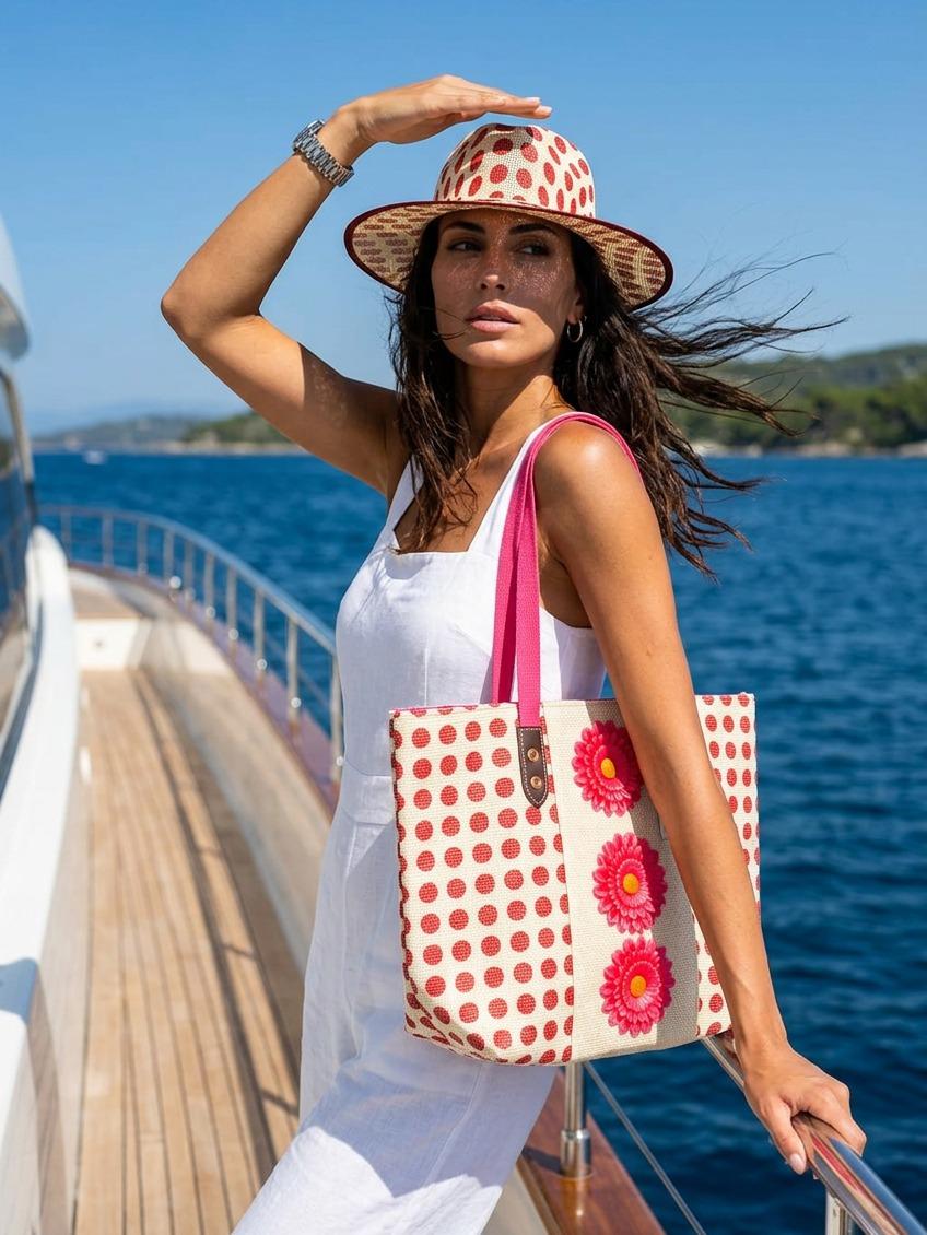 Set Borsa da Spiaggia e Cappello Coordinato a Pois con Fiori 3D Rosso e Bianco