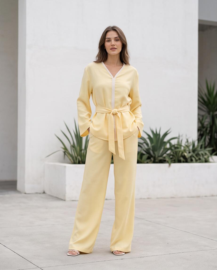 Set Coordinato Donna Giallo con Top Kimono e Pantalone Palazzo