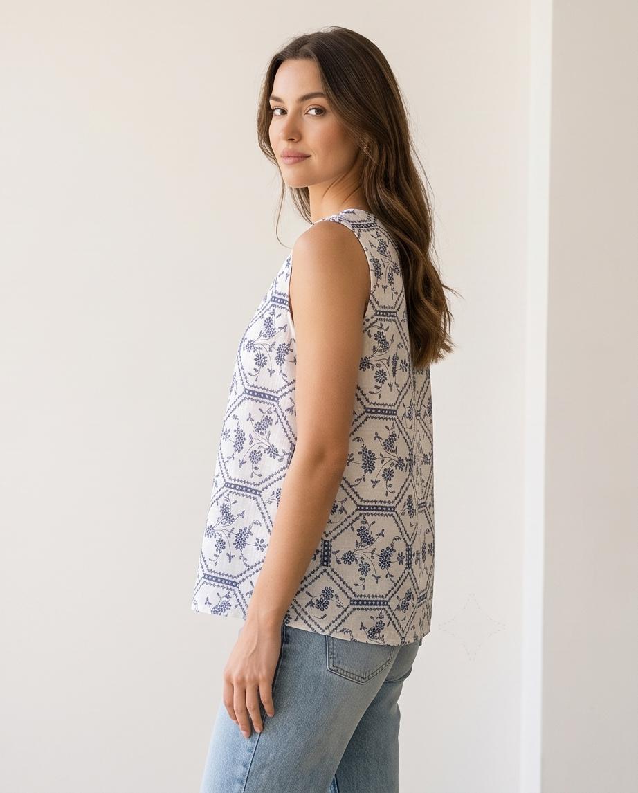 Top Smanicato Donna Fantasia Maiolica Blu