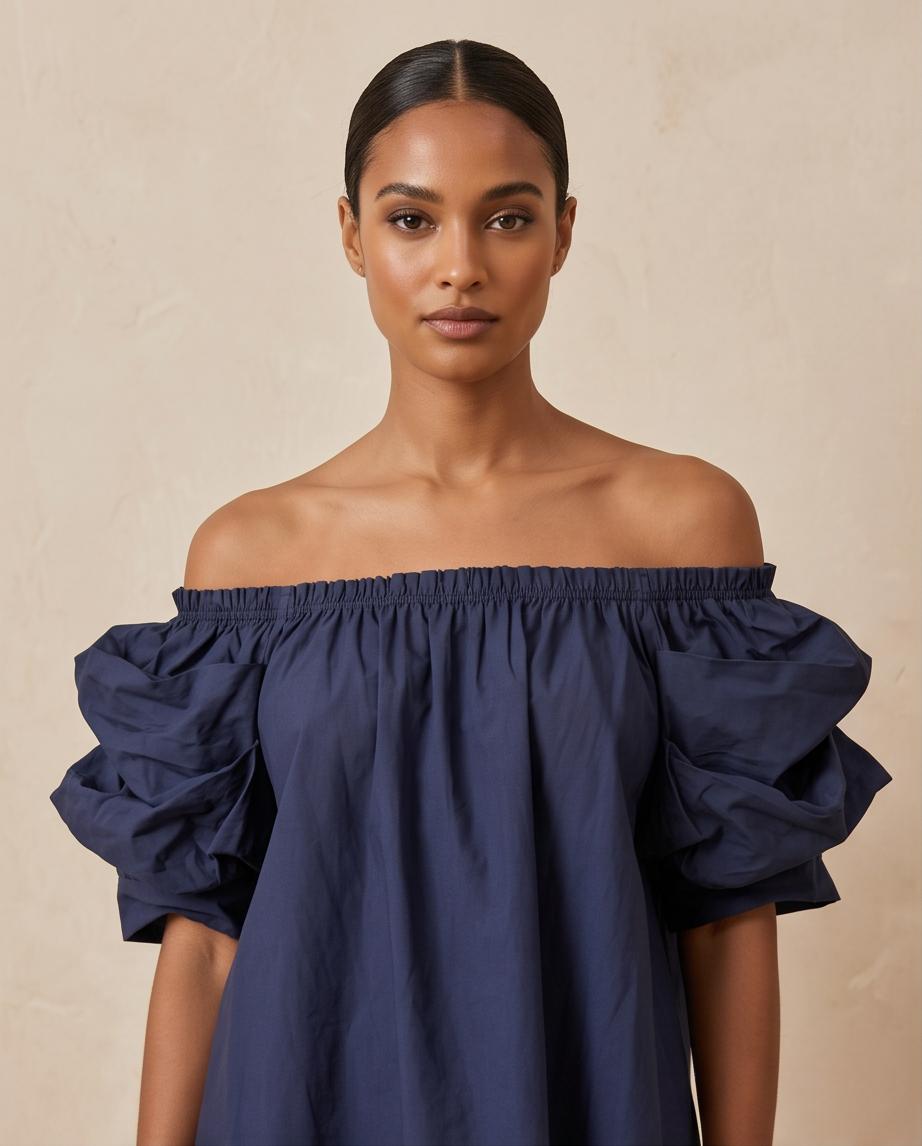 Blusa Donna Cotone Scollo Elastico con Maniche a Balze