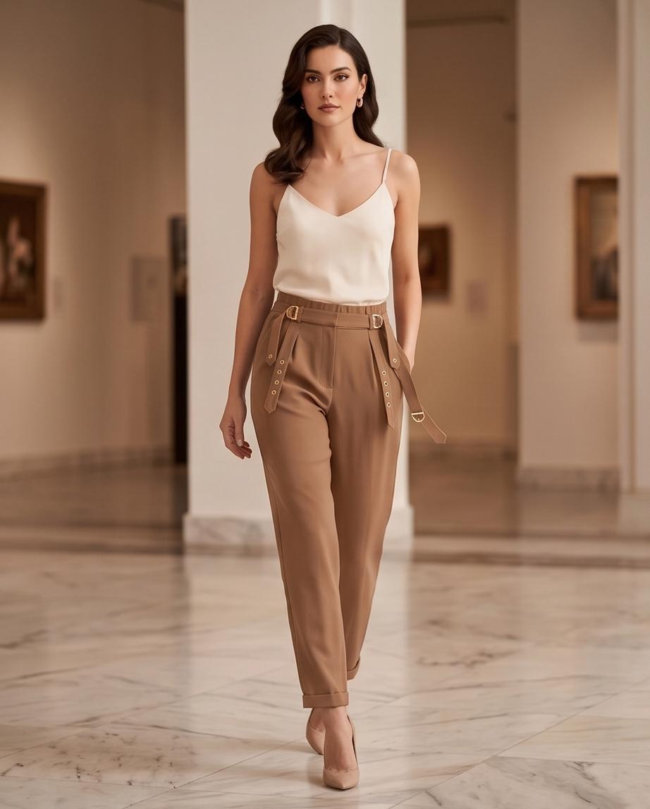 Pantalone Donna Vita Alta con Cinturini e Dettagli Metallici