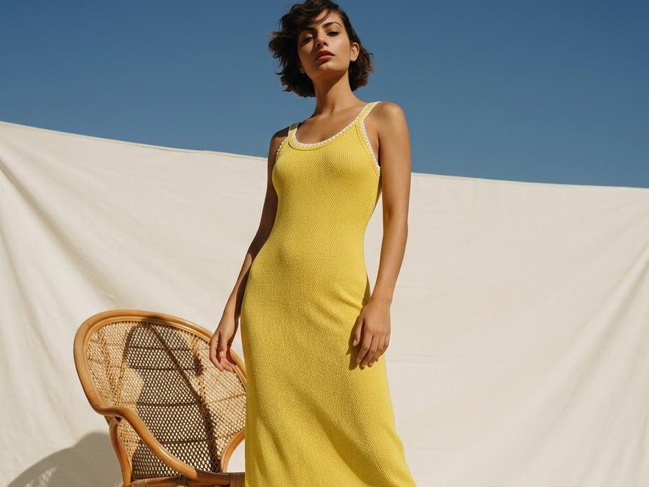 JESKAA Vestito Lungo Giallo Maxi con Spalline Sottili e Bordino Decorativo per Estate Comfortevole e Versatile