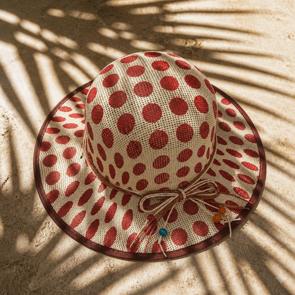Set Borsa da Spiaggia e Cappello Coordinato a Pois con Fiori 3D Rosso e Bianco