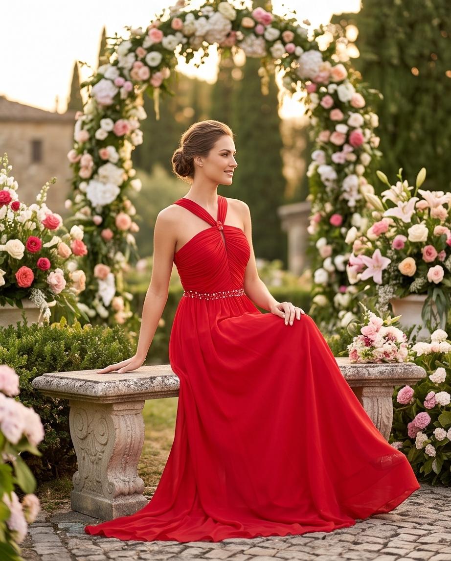 Abito da Sera Rosso Collo Halter con Cintura Gioiello e Gonna in Chiffon