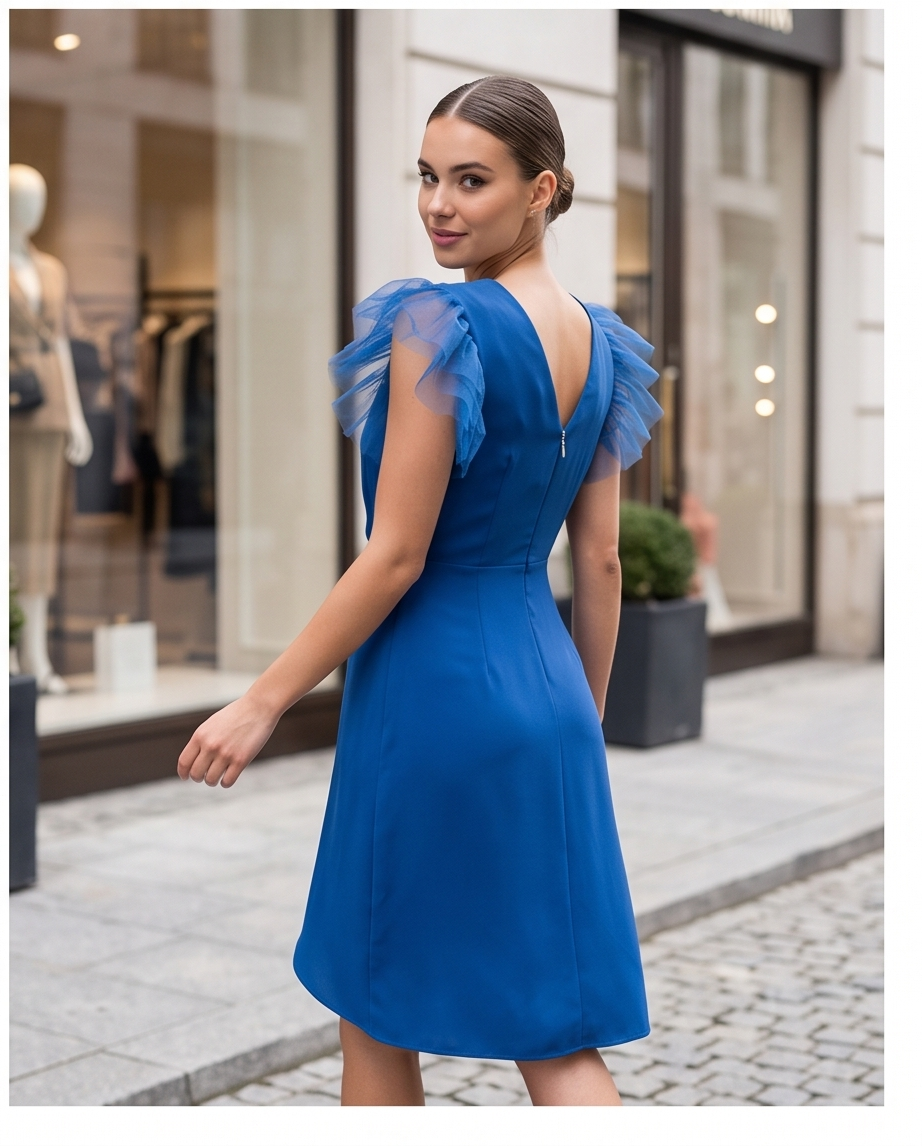 Abito Blu Elegante Maniche a Volant J con Scollo a V Effetto Avvolgente