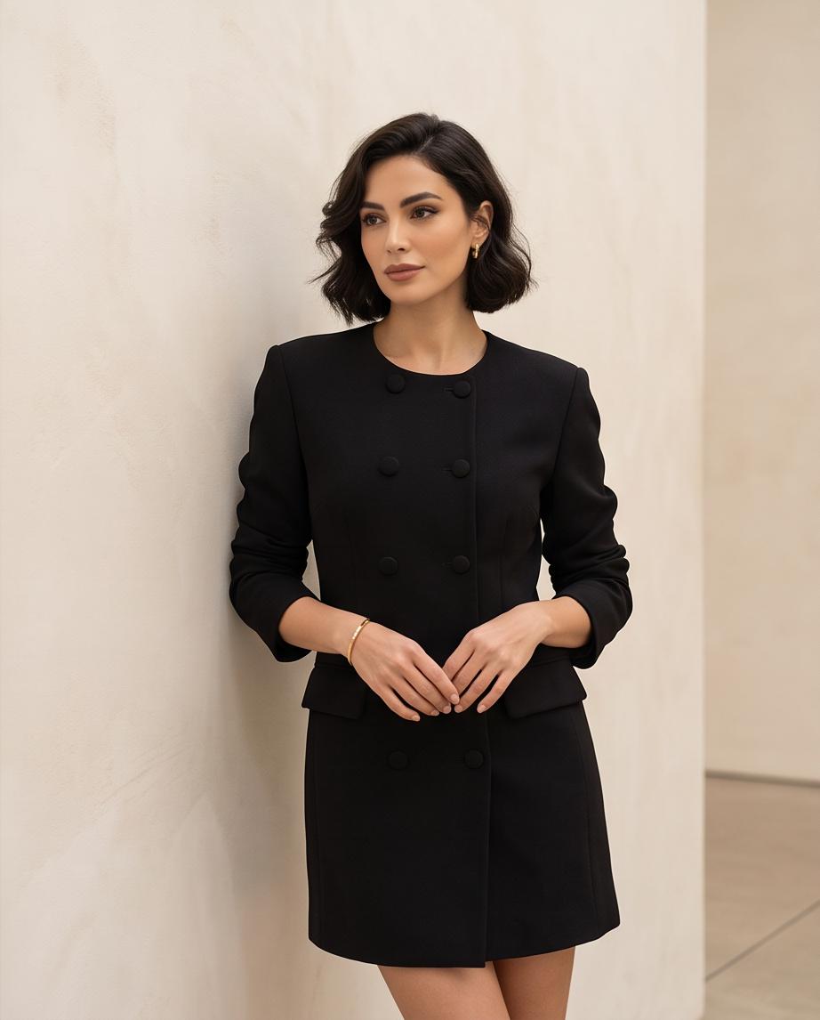 Abito Corto Nero Stile Cappotto con Doppiopetto