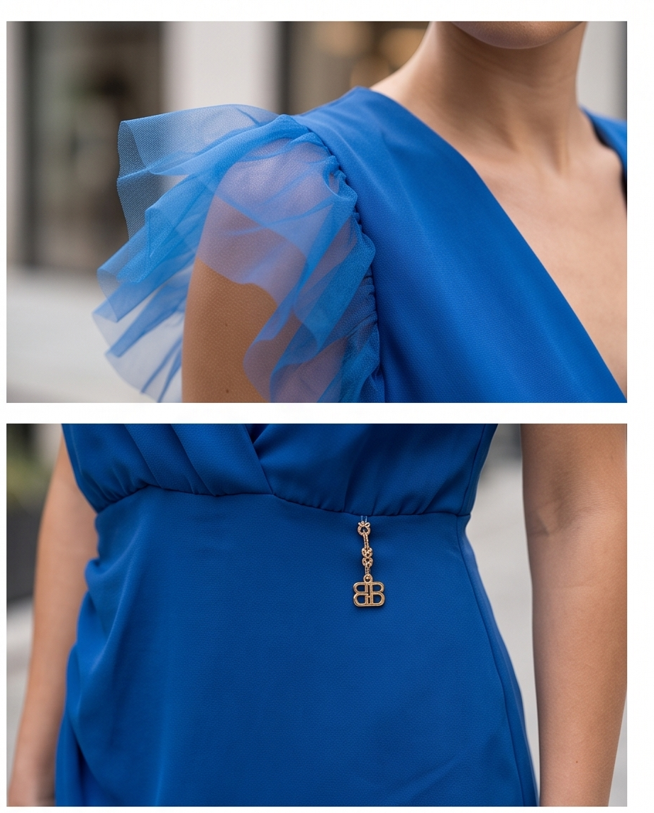 Abito Blu Elegante Maniche a Volant J con Scollo a V Effetto Avvolgente