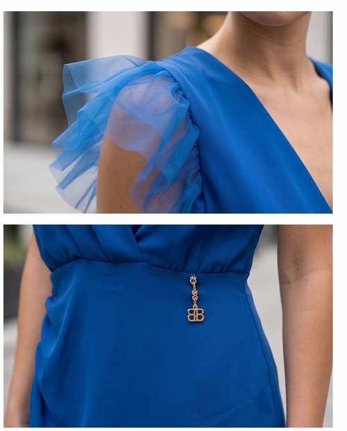 Abito Blu Elegante Maniche a Volant J con Scollo a V Effetto Avvolgente