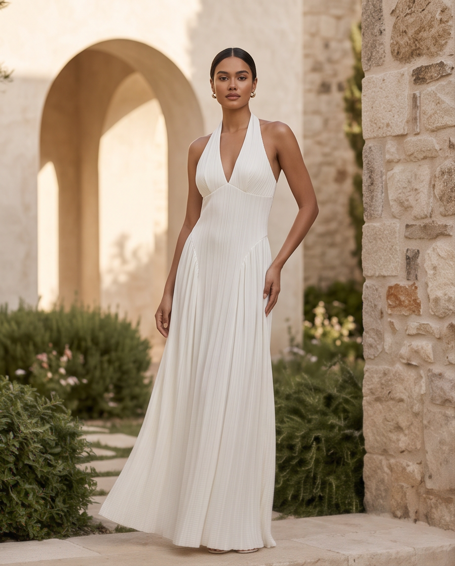 Abito Lungo Romantico Plissettato Bianco JESKAA