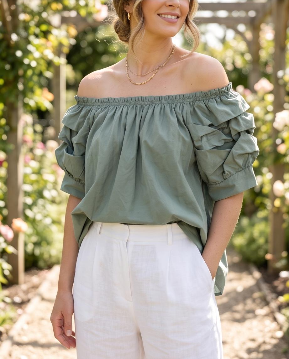 Blusa Donna Cotone Scollo Elastico con Maniche a Balze