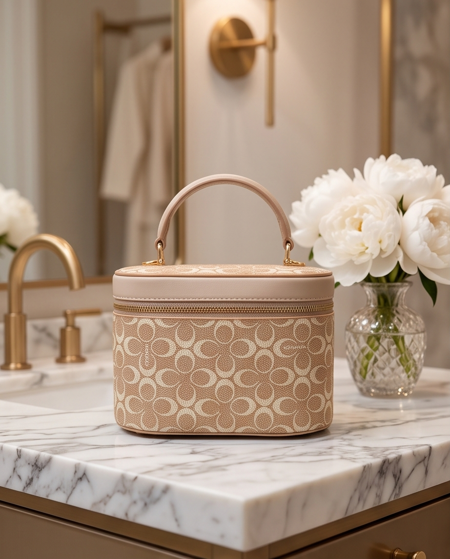 Beauty Case Rigida con Manico e Fantasia Monogramma Beige