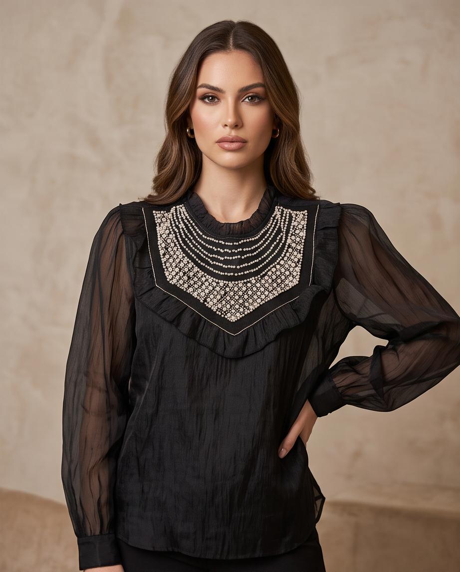 Blusa Nera con Maniche Trasparenti e Pettorina di Perline - TU
