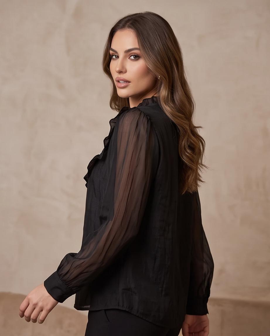 Blusa Nera con Maniche Trasparenti e Pettorina di Perline - TU