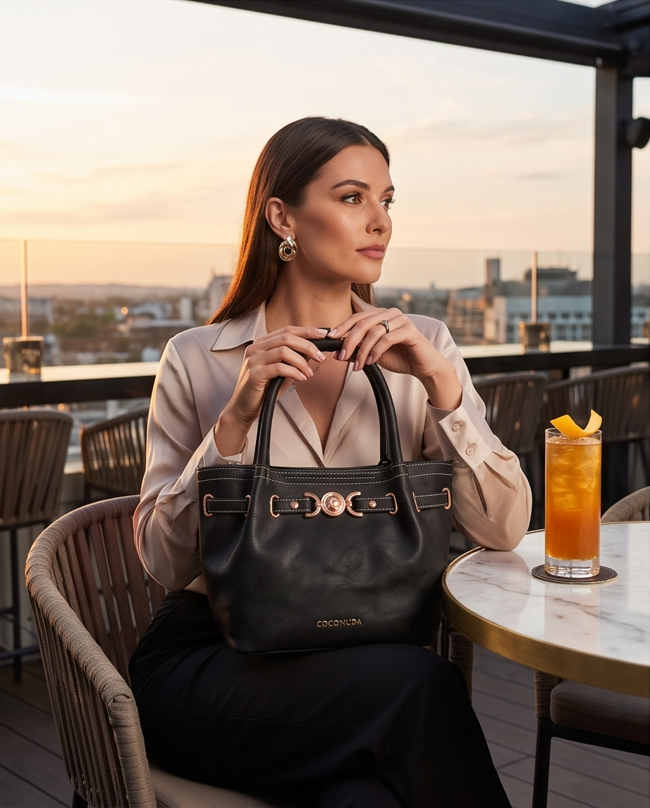 Borsa a Mano Nera Coconuda con Fibbia Dorata e Cuciture a Contrasto