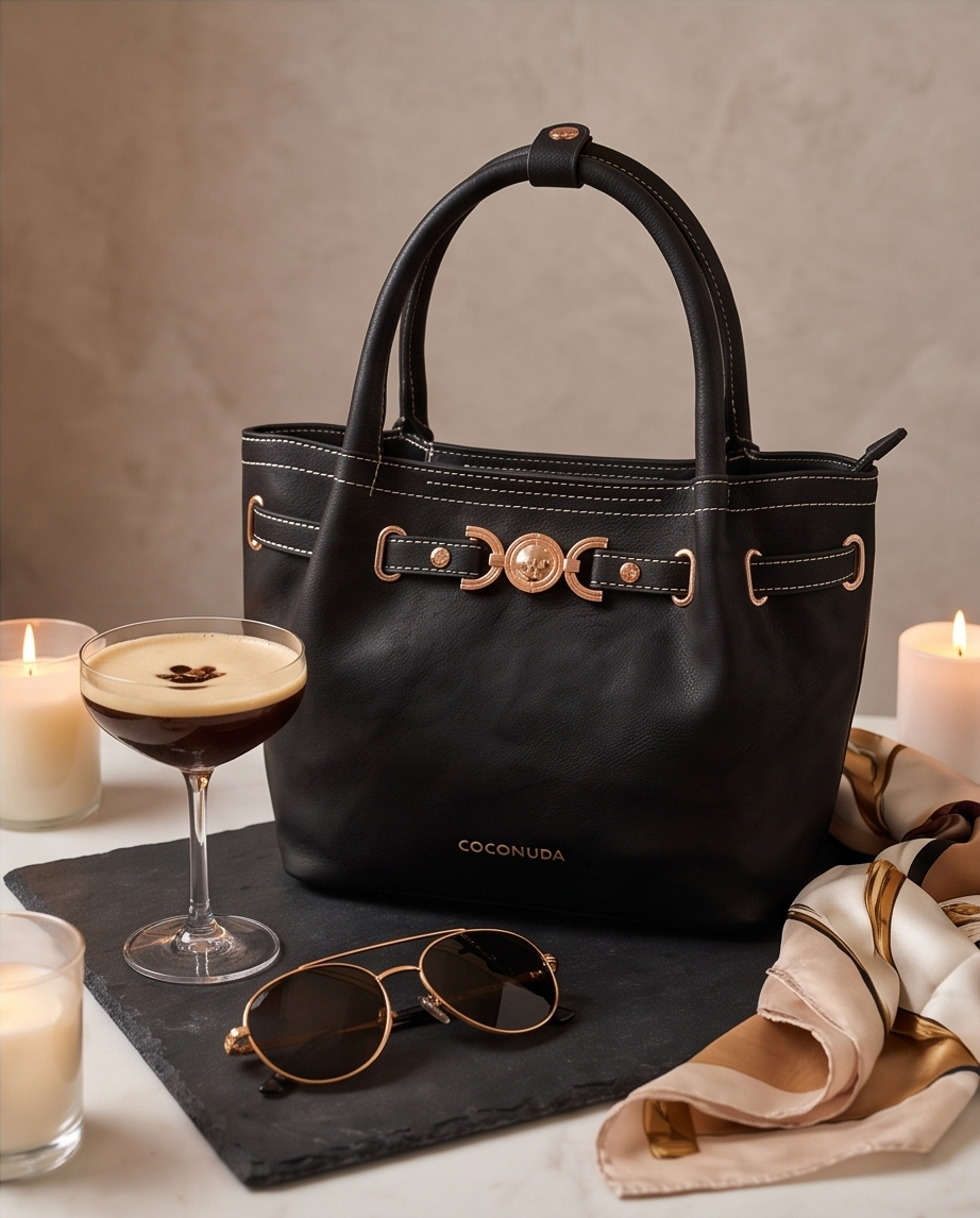 Borsa a Mano Nera Coconuda con Fibbia Dorata e Cuciture a Contrasto