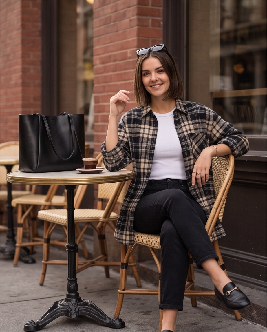 Camicia Oversize a Quadri Tartan Nero e Beige Stile Casual Chic
