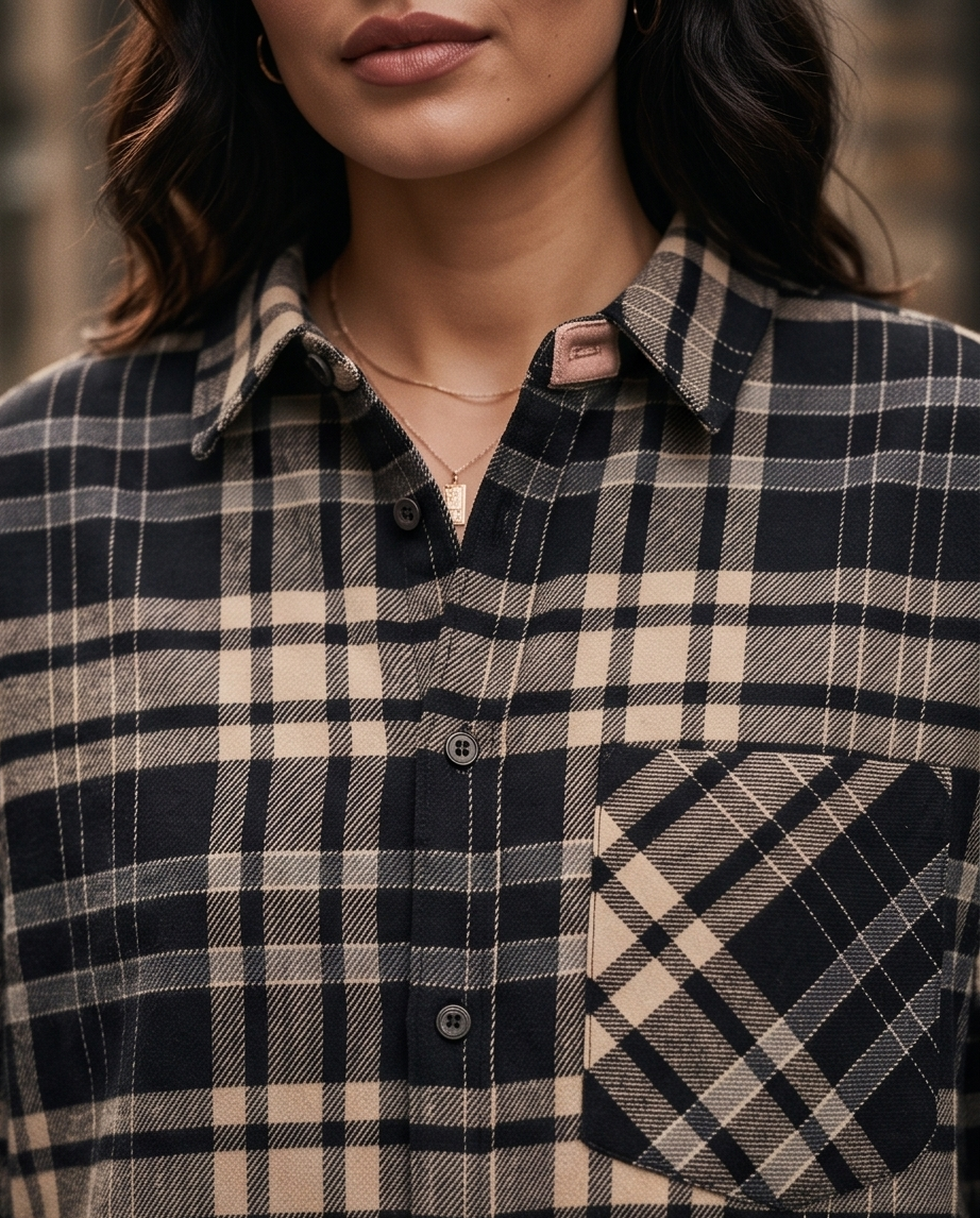 Camicia Oversize a Quadri Tartan Nero e Beige Stile Casual Chic