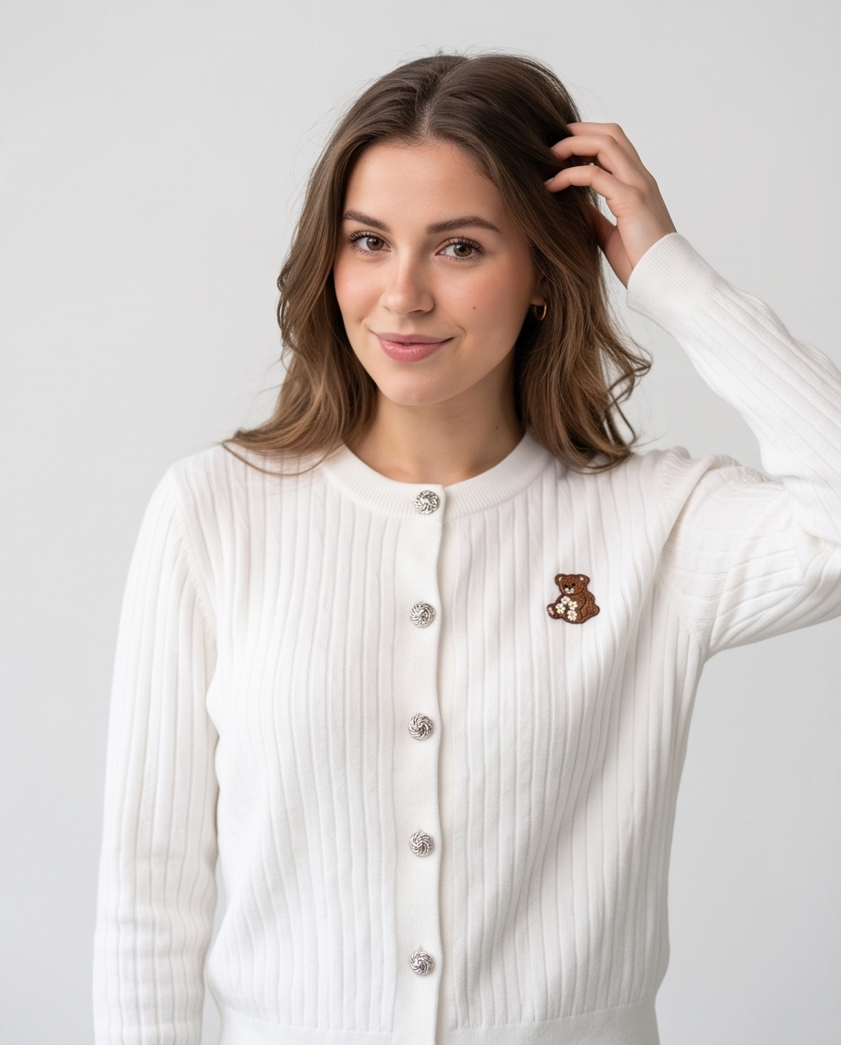 Cardigan Donna Bianco a Costine con Bottoni Gioiello e Orsetto
