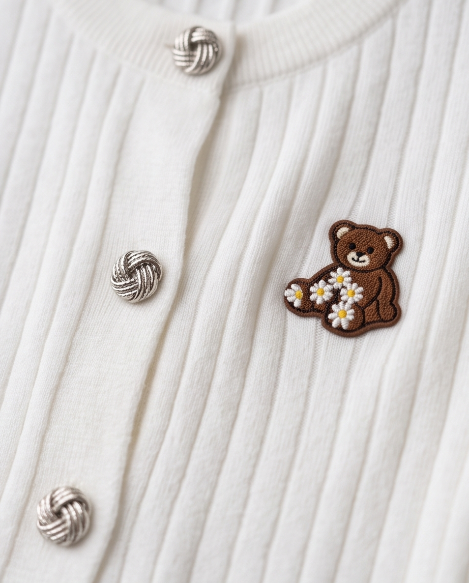 Cardigan Donna Bianco a Costine con Bottoni Gioiello e Orsetto