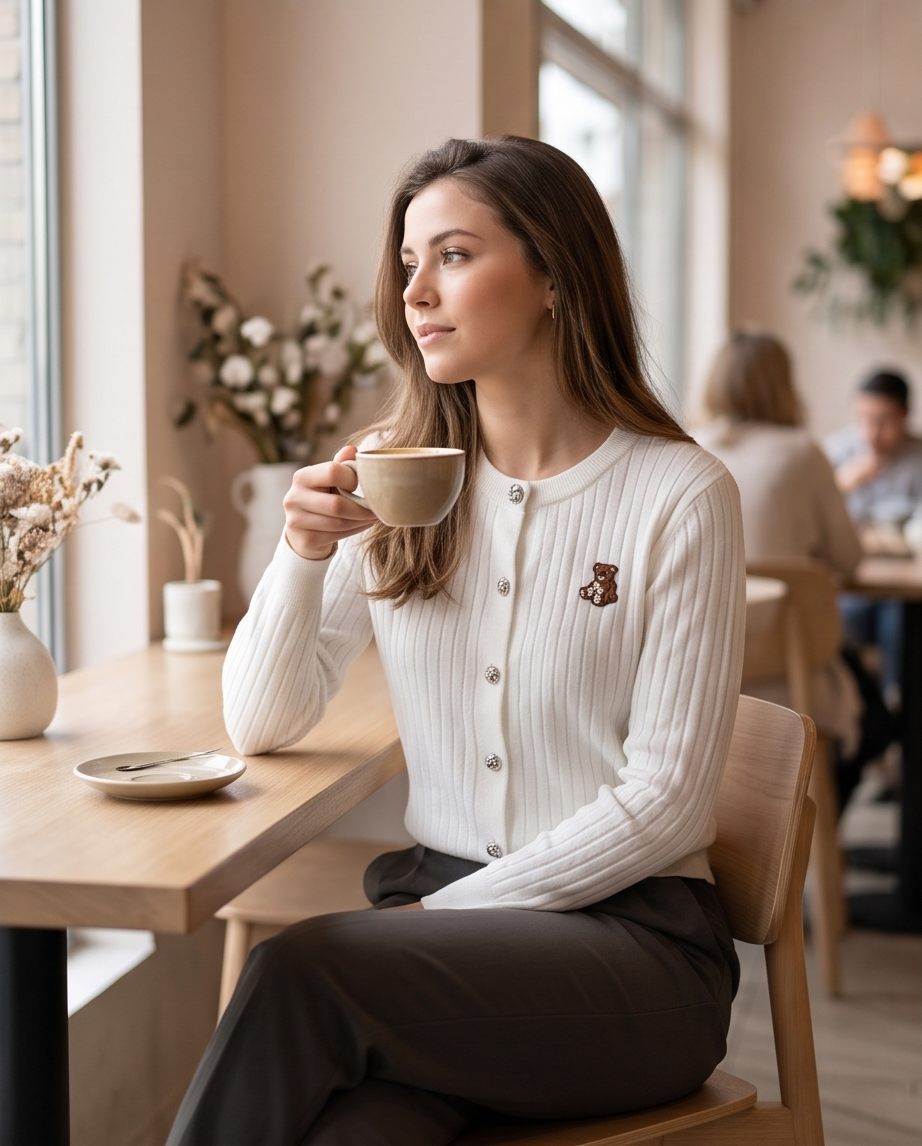 Cardigan Donna Bianco a Costine con Bottoni Gioiello e Orsetto